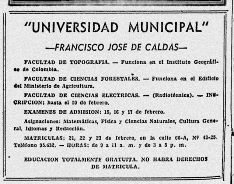 Primera convocatoria realizada por la Universidad en 1951. Fuente: El Tiempo (1952) Bogotá: 30 de enero, p 4.